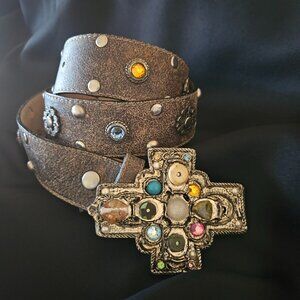 LEATHEROCK 7563 Genuine Leather Belt with Gemstone-studded buckle Sz 34